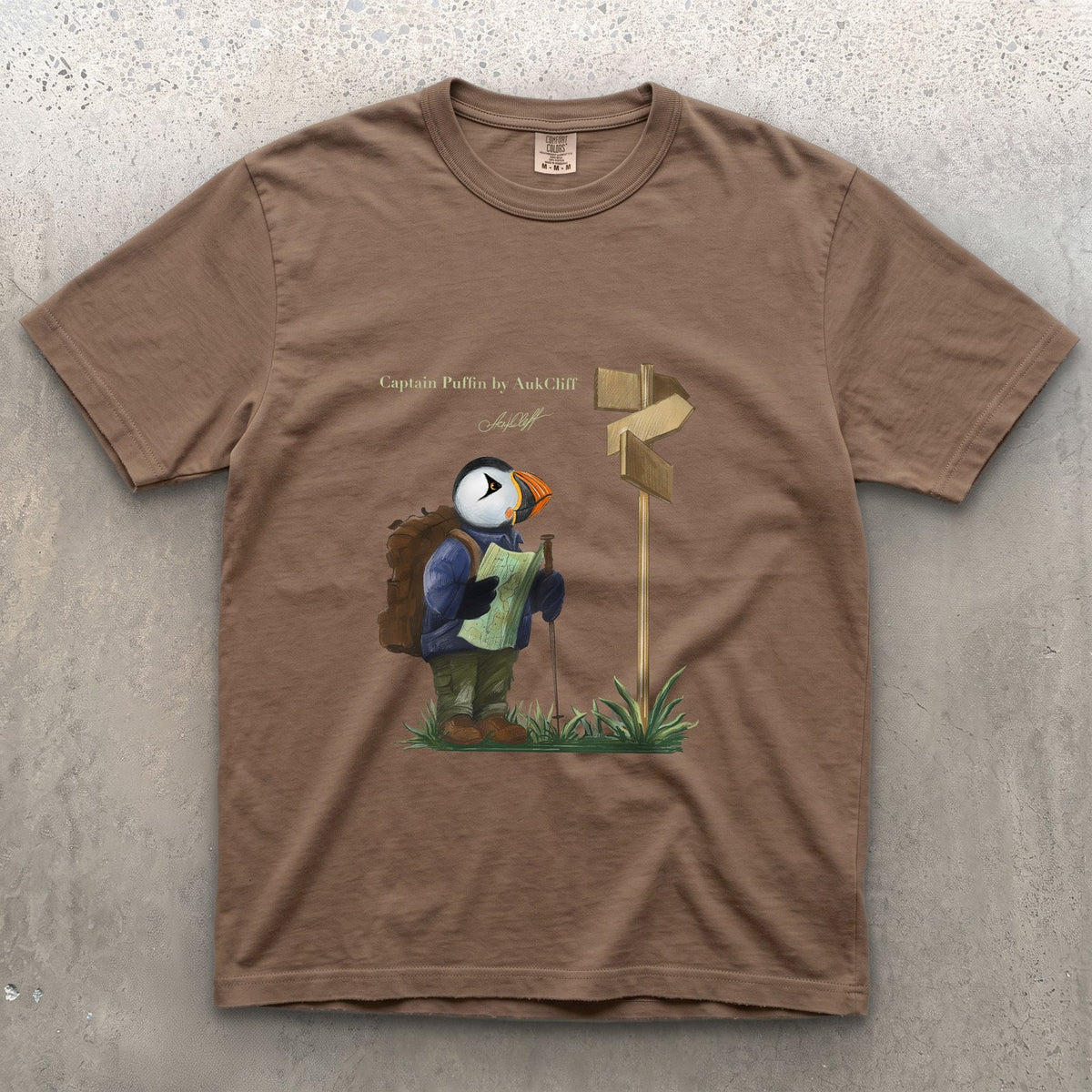Captain Puffin Hiker on a Espresso Comfort Colors t-shirt