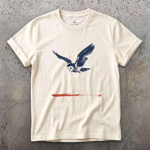 Owl in Flight Above a Red Horizon design on a Natural Gildan Softstyle t-shirt