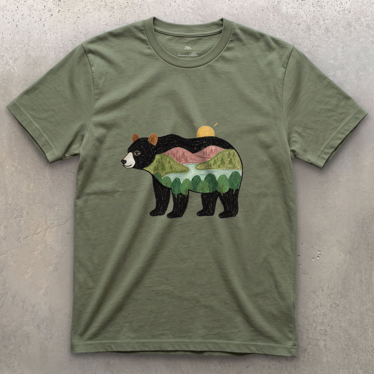 Sunrise Held by a Black Bear design on a Military Green Gildan Softstyle t-shirt