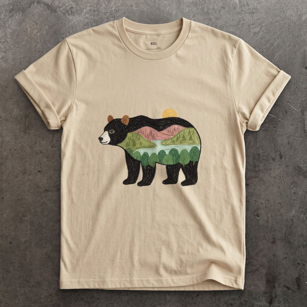 Sunrise Held by a Black Bear design on a Sand Gildan Softstyle t-shirt
