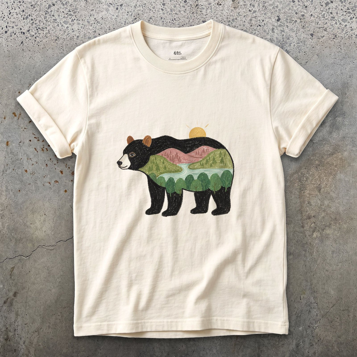 Sunrise Held by a Black Bear design on a Natural Gildan Softstyle t-shirt