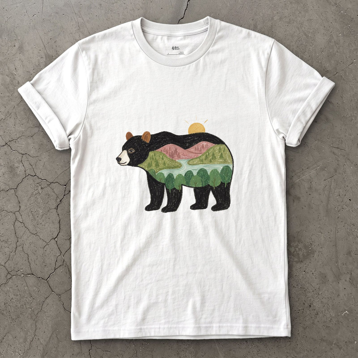 Sunrise Held by a Black Bear design on a White Gildan Softstyle t-shirt