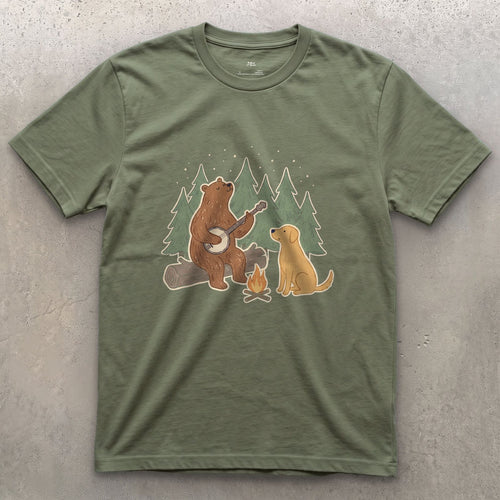 Bear on Banjo, Dog Not Complaining design on a Military Green Gildan Softstyle t-shirt