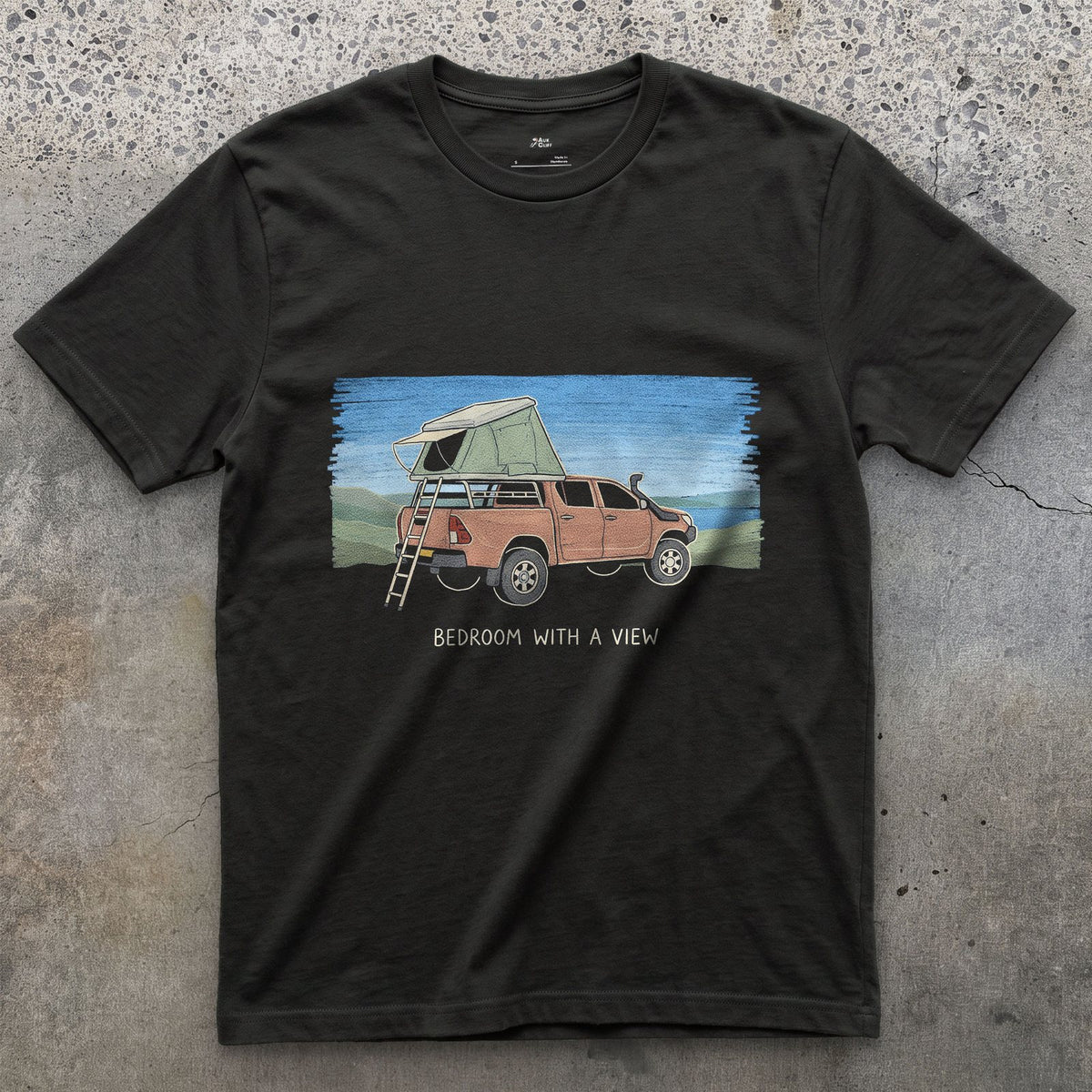 Bedroom With a View, Ladder to the Roof design on a Black Gildan Softstyle t-shirt