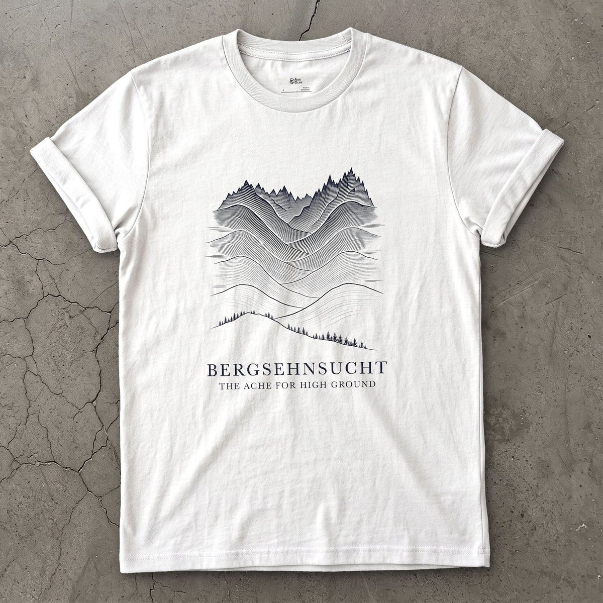 Bergsehnsucht, the Ache for High Ground design on a White Gildan Softstyle t-shirt