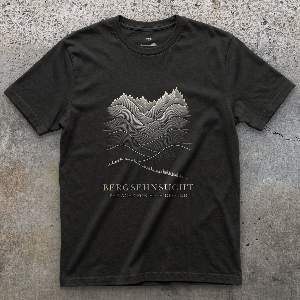 Bergsehnsucht, the Ache for High Ground design on a Black Gildan Softstyle t-shirt
