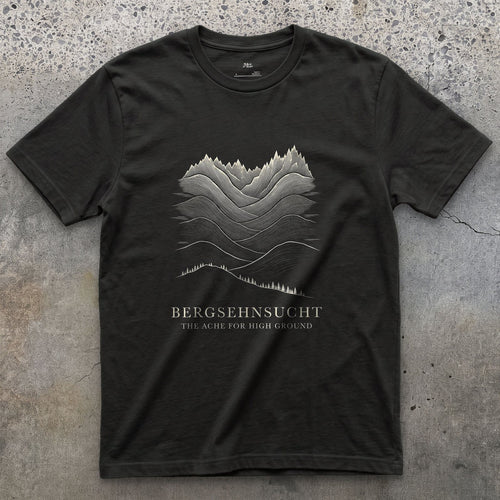 Bergsehnsucht, the Ache for High Ground design on a Black Gildan Softstyle t-shirt