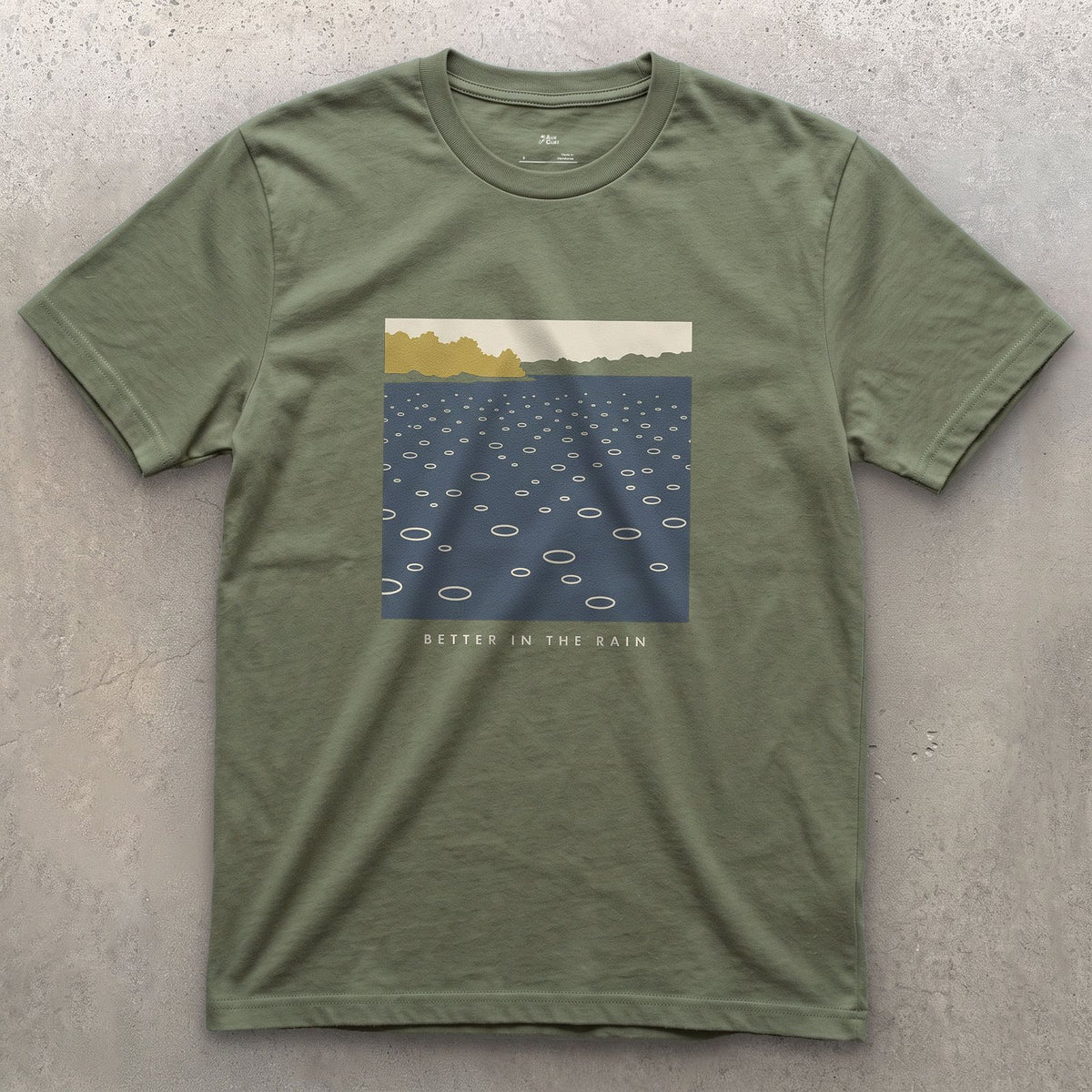 Better in the Rain Over the River design on a Military Green Gildan Softstyle t-shirt