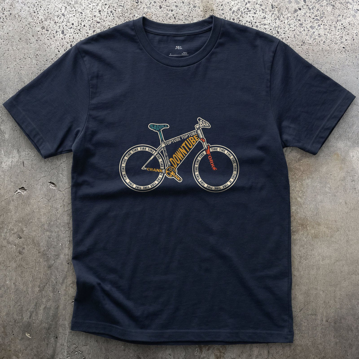 A Bike Built From the Names of Its Own Parts design on a Navy Gildan Softstyle t-shirt
