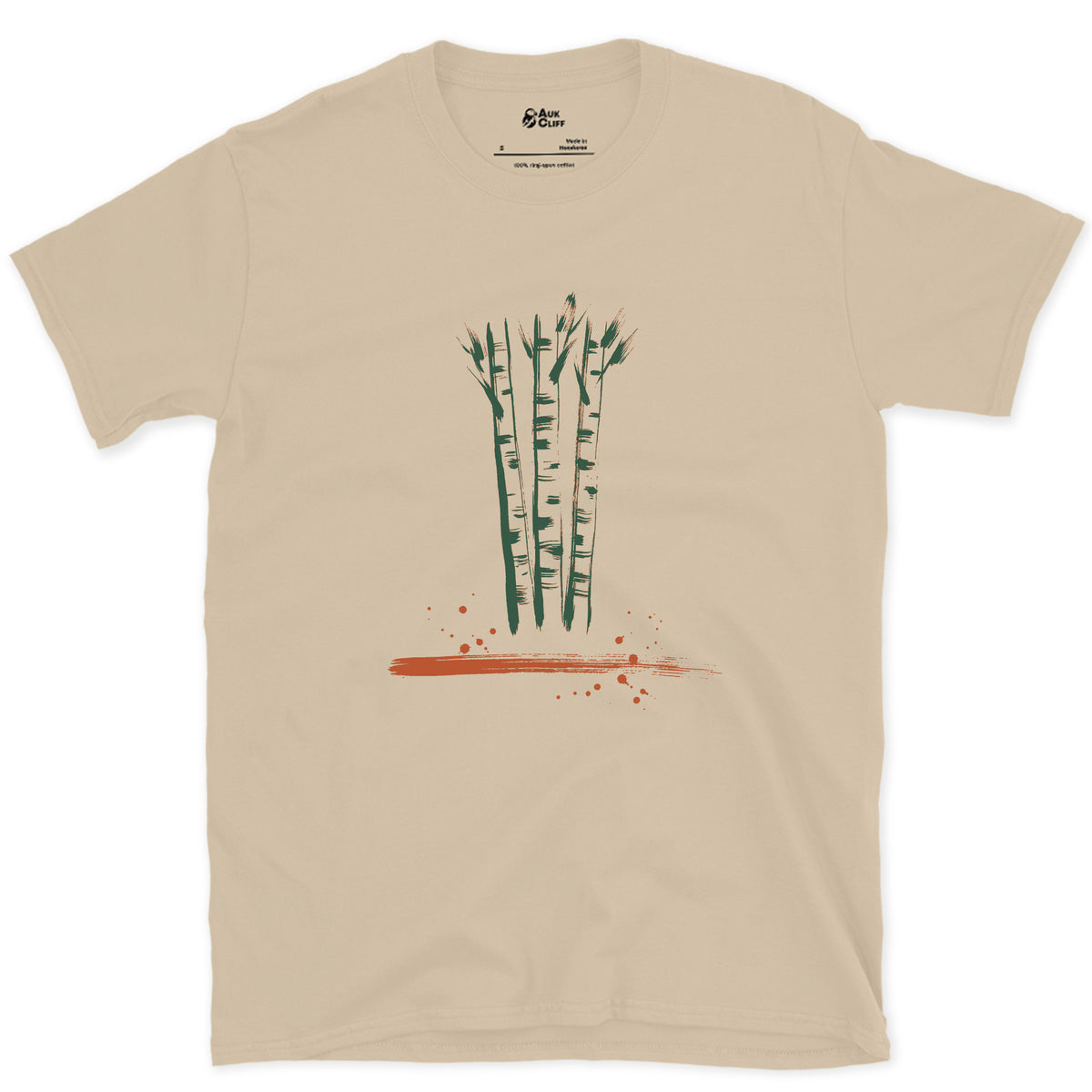 Birch, Straight and Bare design on a Sand Gildan Softstyle t-shirt