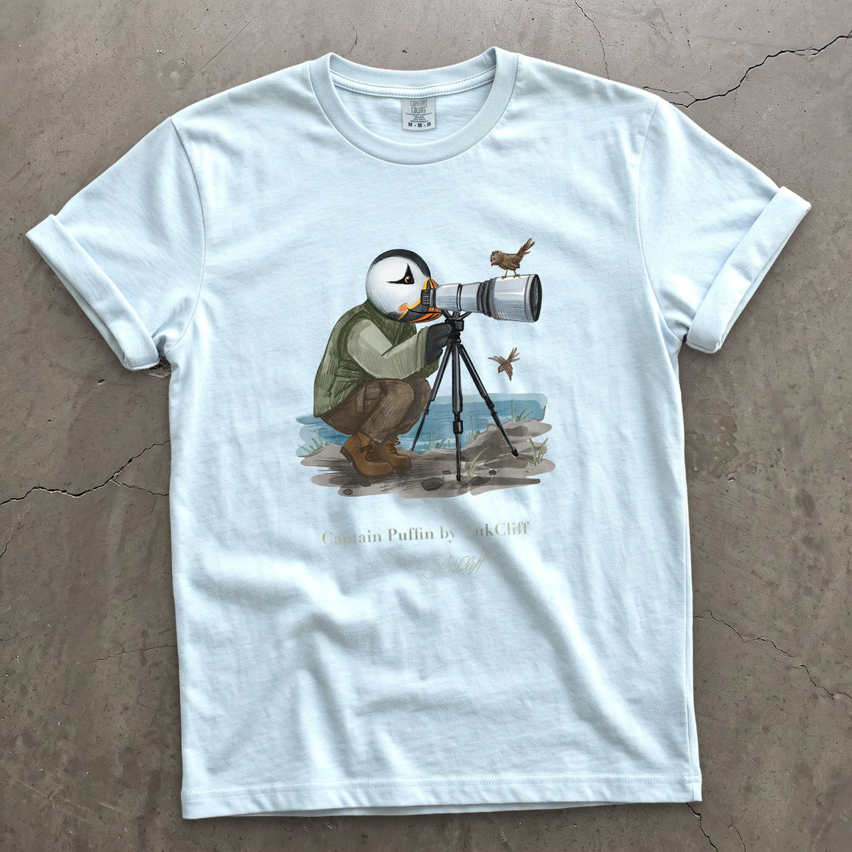 Captain Puffin Bird Photographer on a Chambray Comfort Colors t-shirt