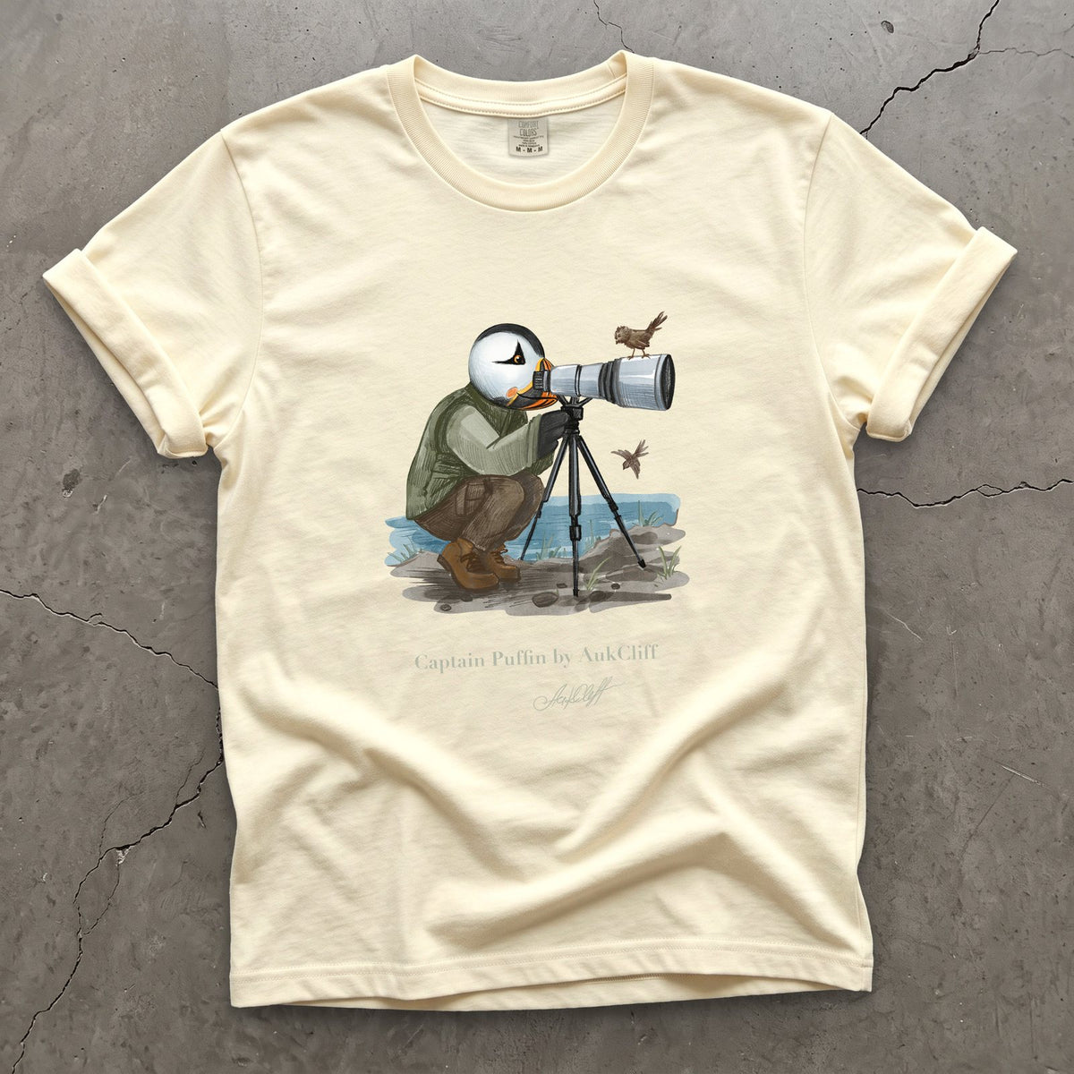 Captain Puffin Bird Photographer on a Ivory Comfort Colors t-shirt