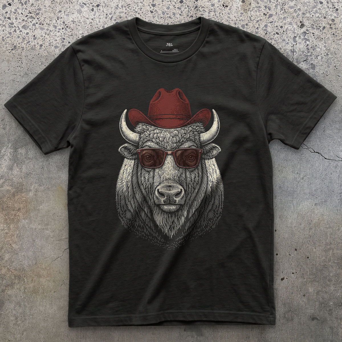 American Bison in a Cowboy Hat on the Road design on a Black Gildan Softstyle t-shirt