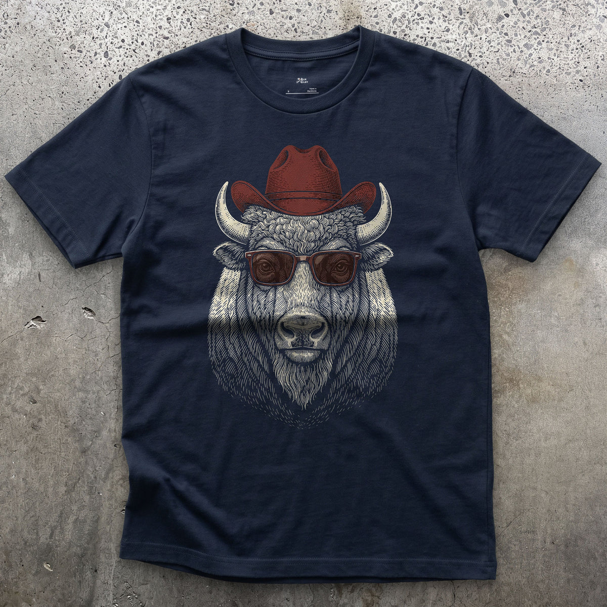 American Bison in a Cowboy Hat on the Road design on a Navy Gildan Softstyle t-shirt