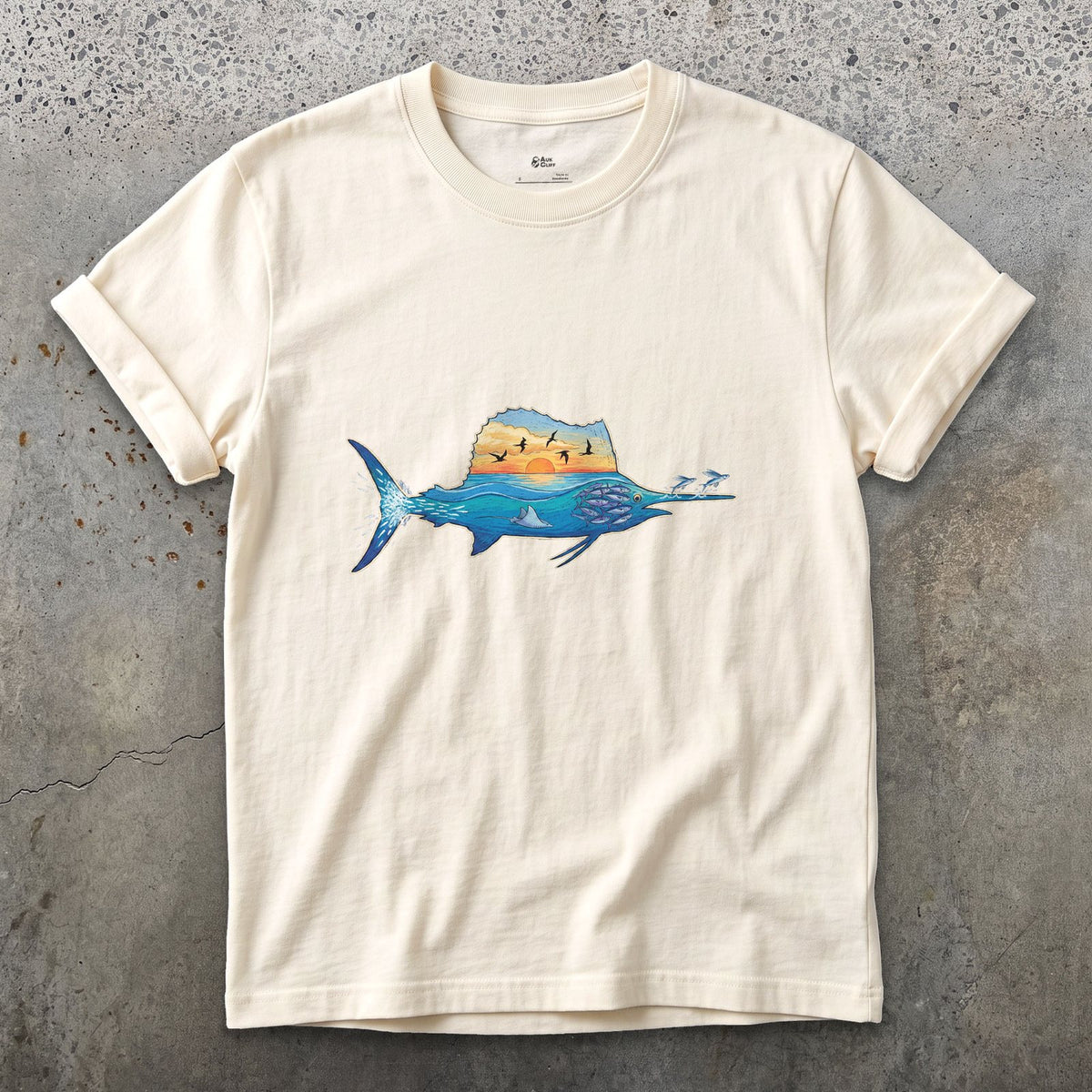 Blue Water Runs Through It, Marlin design on a Natural Gildan Softstyle t-shirt