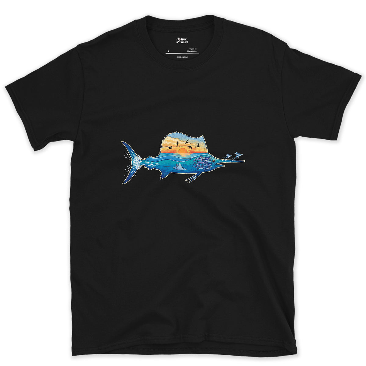 Blue Water Runs Through It, Marlin design on a Black Gildan Softstyle t-shirt