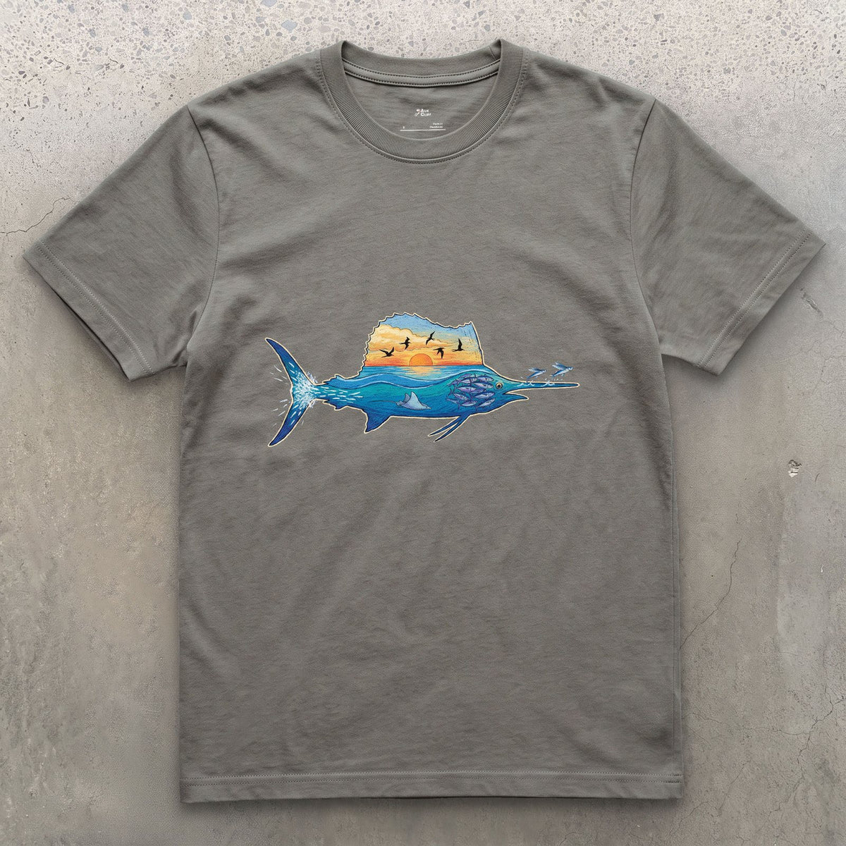 Blue Water Runs Through It, Marlin design on a Charcoal Gildan Softstyle t-shirt