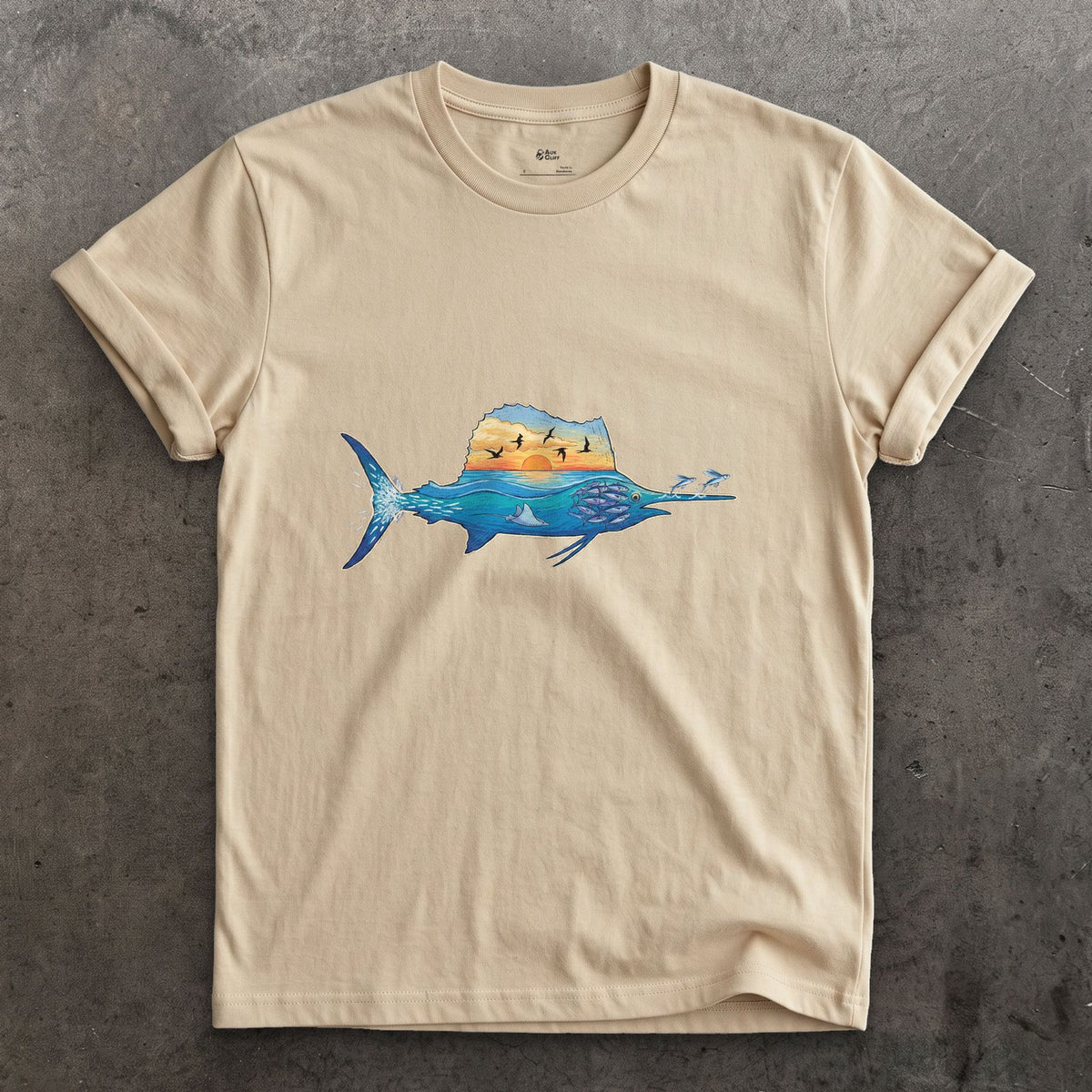 Blue Water Runs Through It, Marlin design on a Sand Gildan Softstyle t-shirt