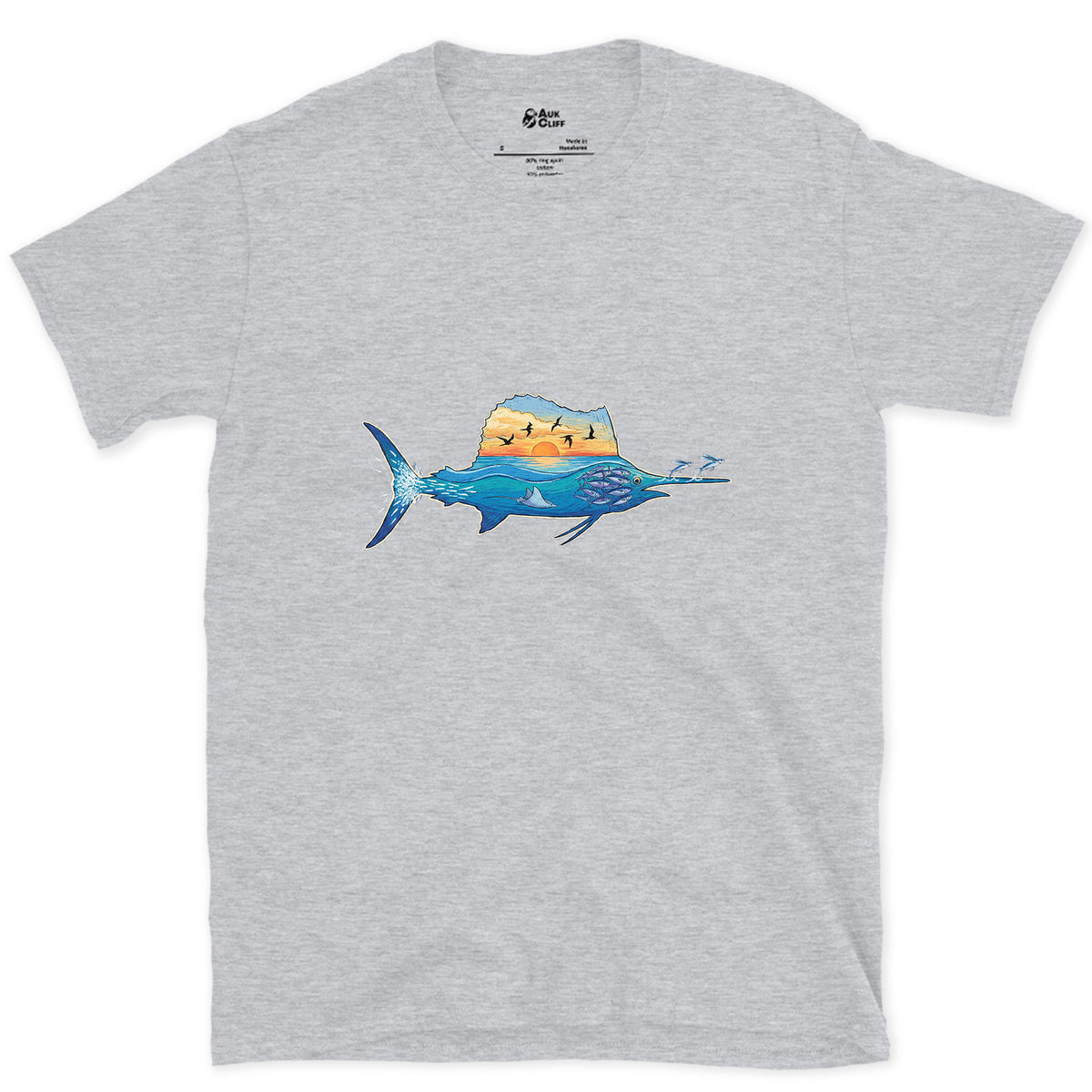Blue Water Runs Through It, Marlin design on a Sport Grey Gildan Softstyle t-shirt