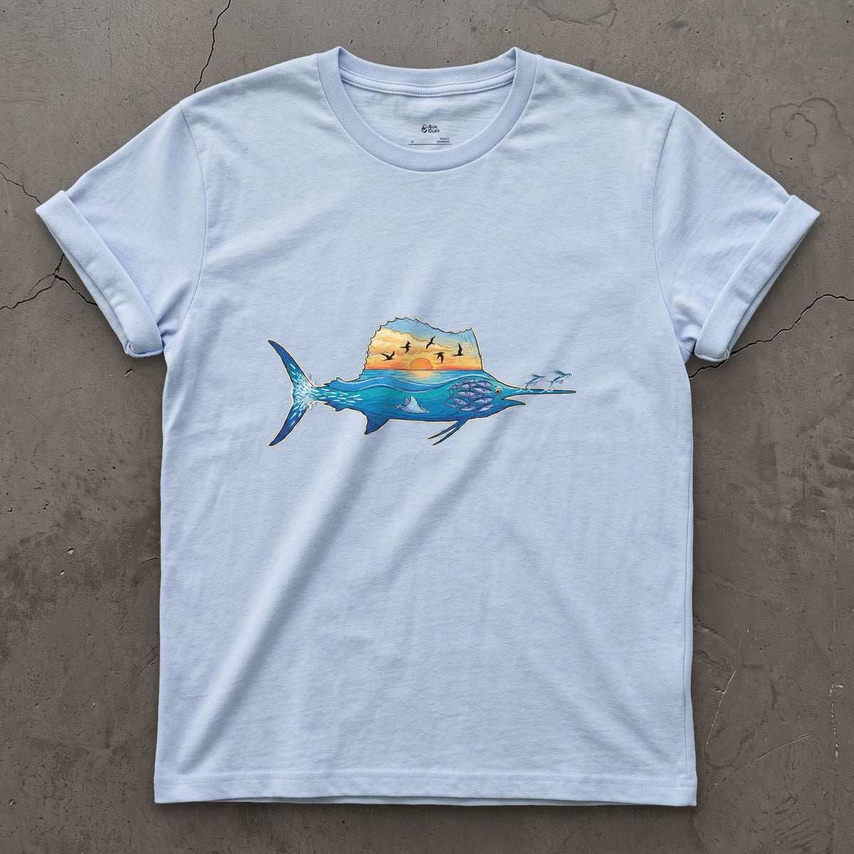Blue Water Runs Through It, Marlin design on a Light Blue Gildan Softstyle t-shirt