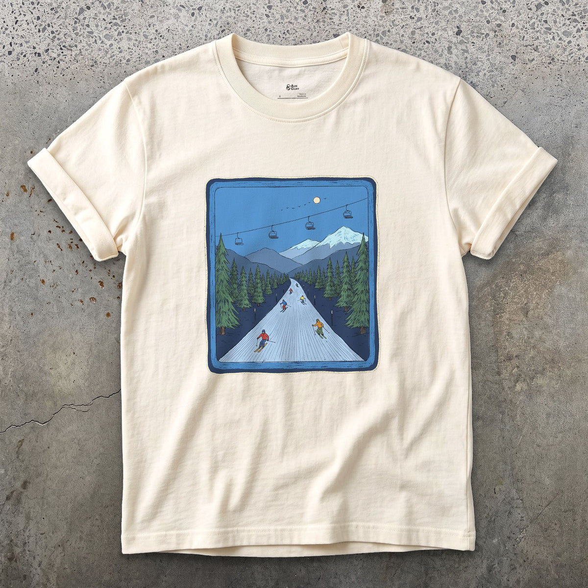 Bluebird Groomer, Piste Marker design on a Natural Gildan Softstyle t-shirt
