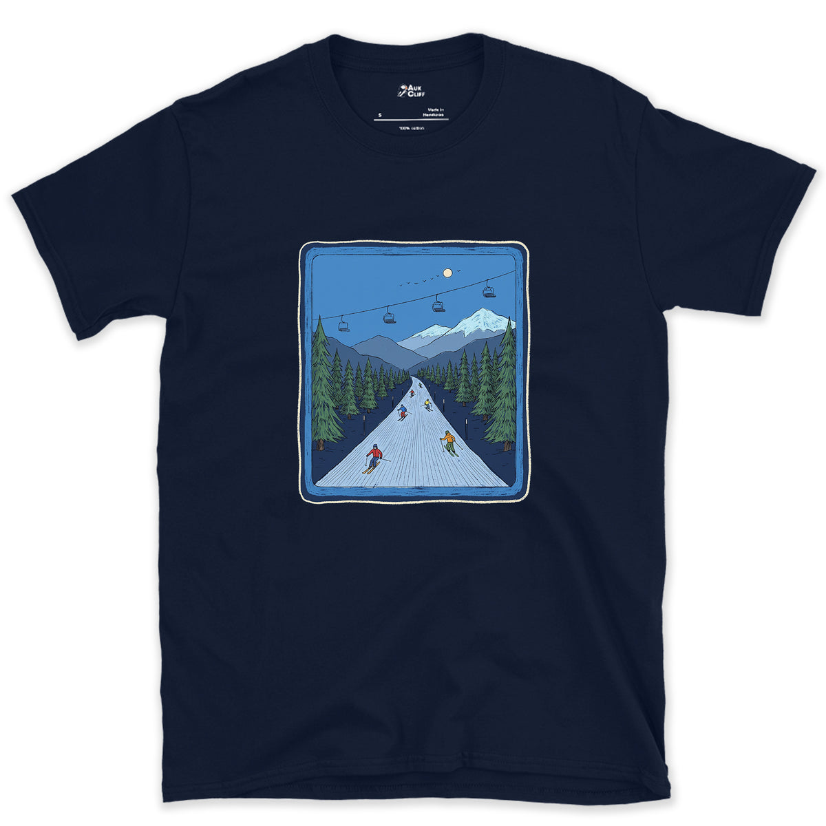 Bluebird Groomer, Piste Marker design on a Navy Gildan Softstyle t-shirt