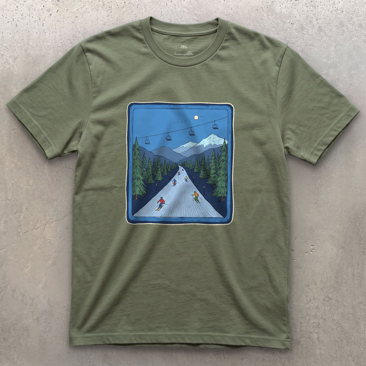 Bluebird Groomer, Piste Marker design on a Military Green Gildan Softstyle t-shirt