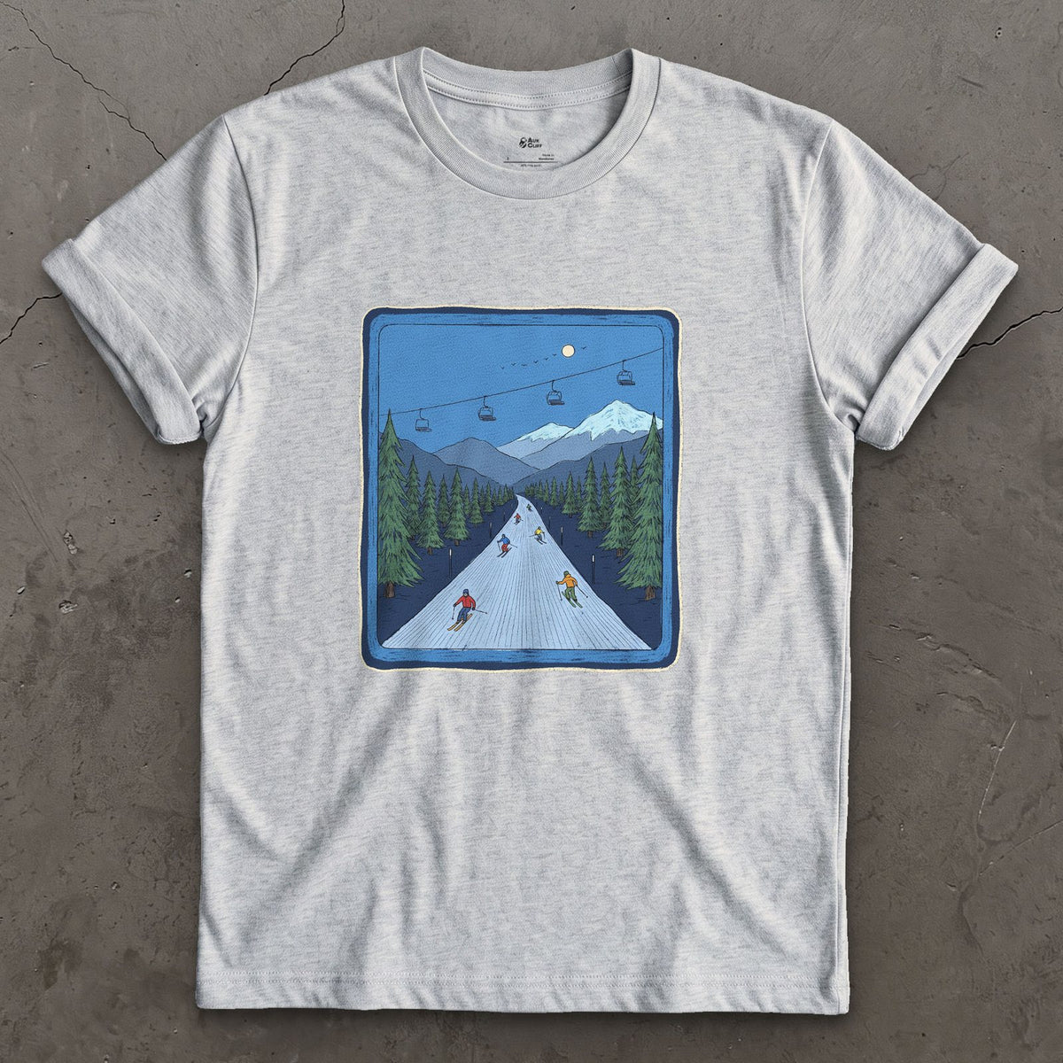 Bluebird Groomer, Piste Marker design on a Sport Grey Gildan Softstyle t-shirt