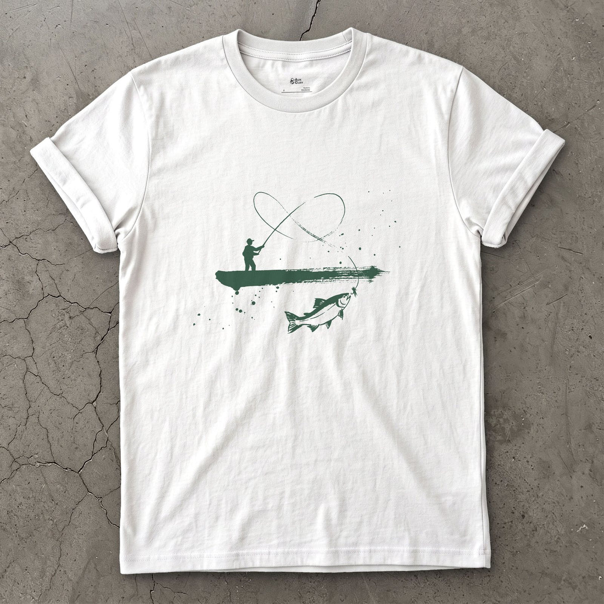 Boat, Line and Fish design on a White Gildan Softstyle t-shirt