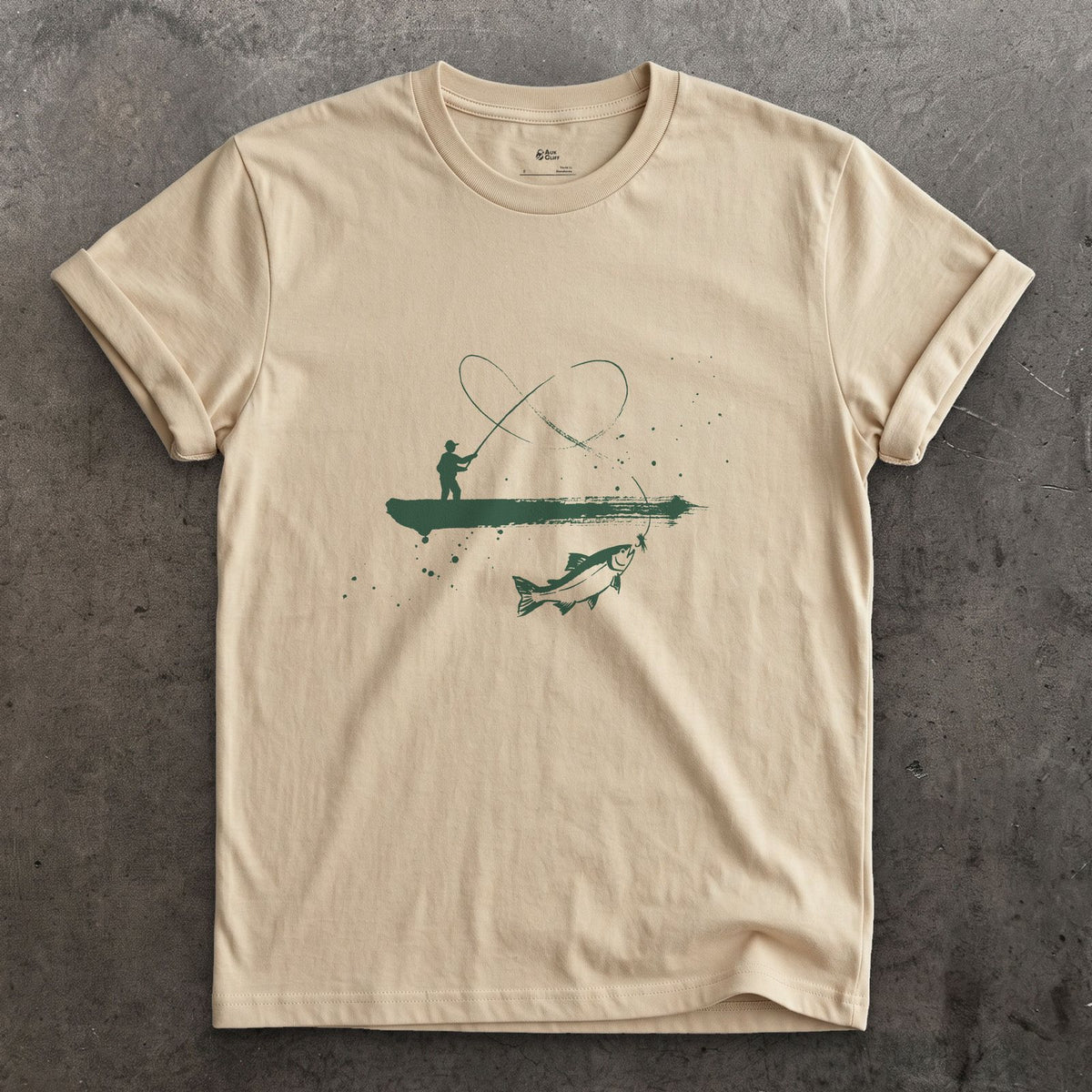 Boat, Line and Fish design on a Sand Gildan Softstyle t-shirt