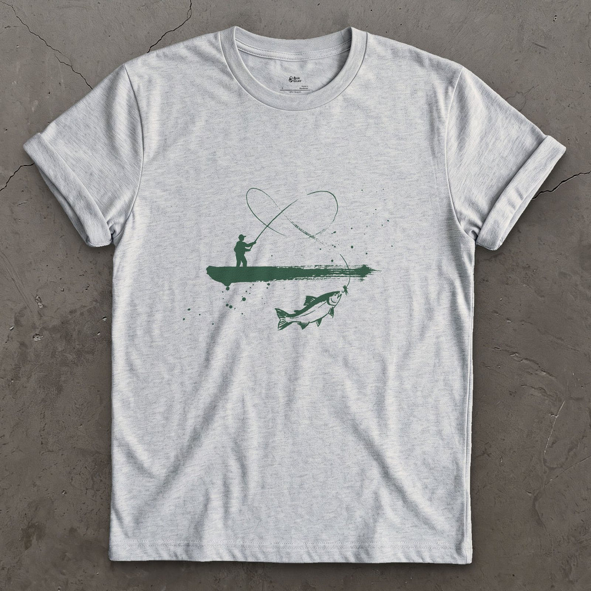 Boat, Line and Fish design on a Sport Grey Gildan Softstyle t-shirt