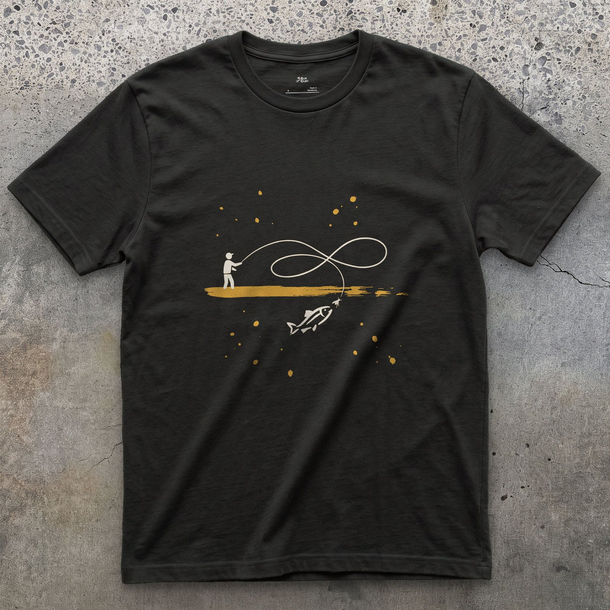 Boat, Line and Fish design on a Black Gildan Softstyle t-shirt