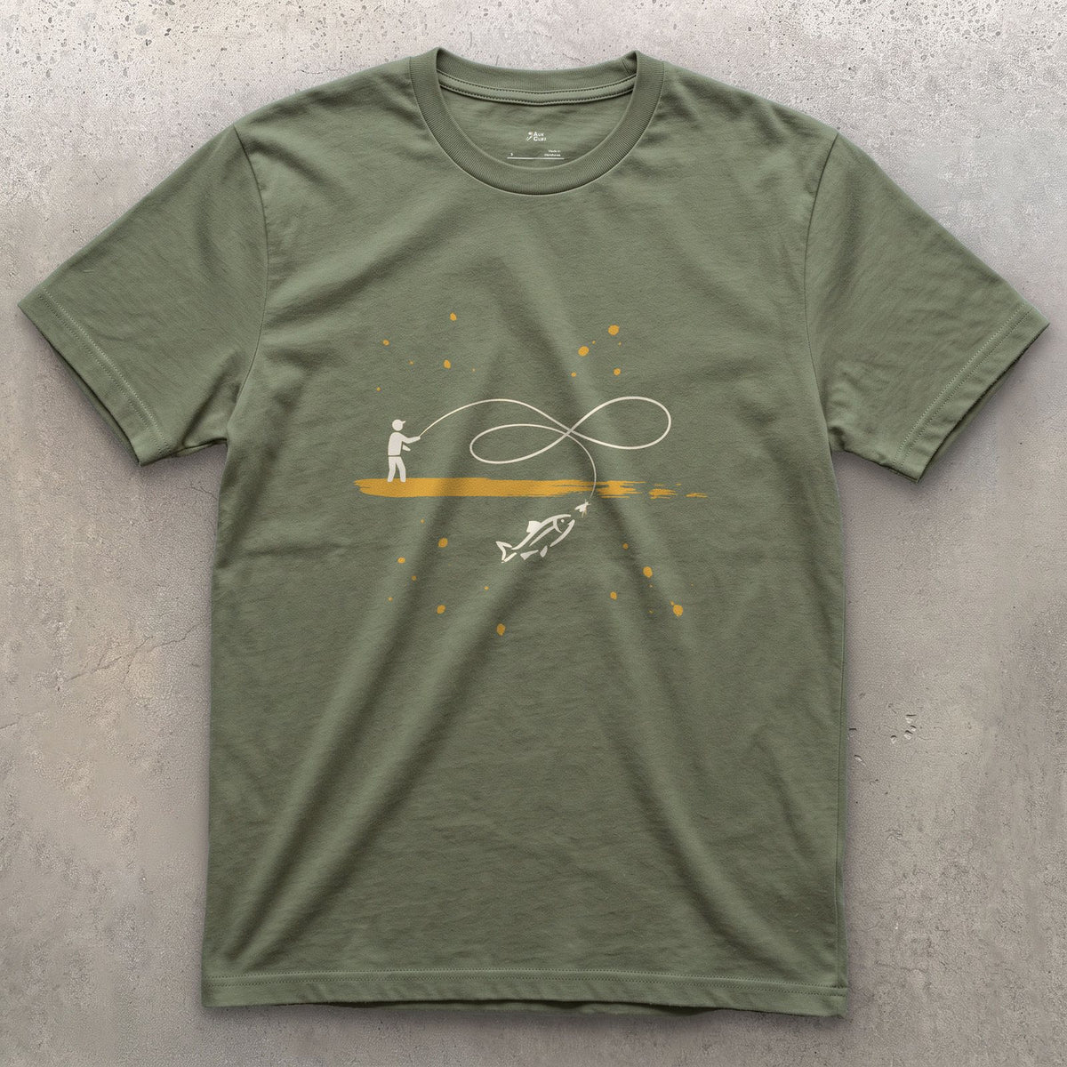 Boat, Line and Fish design on a Military Green Gildan Softstyle t-shirt