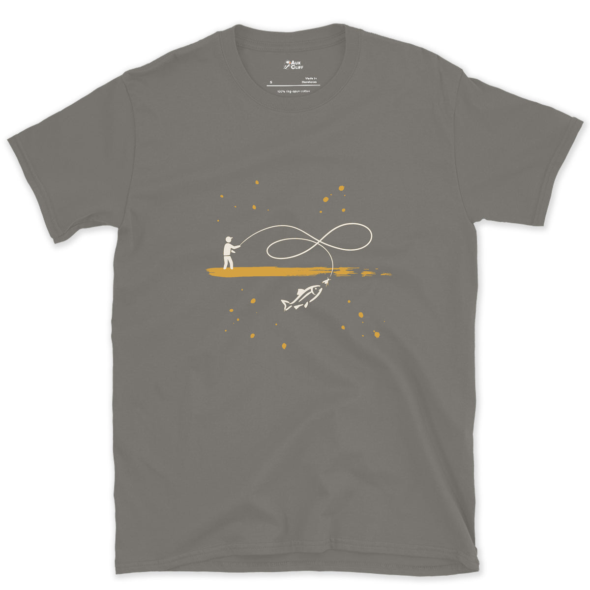 Boat, Line and Fish design on a Charcoal Gildan Softstyle t-shirt