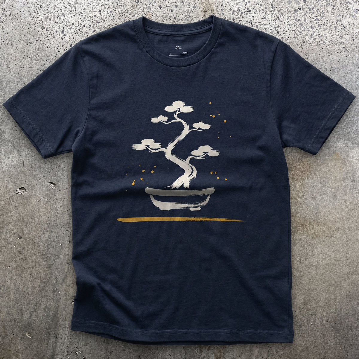 Bonsai Pine design on a Navy Gildan Softstyle t-shirt