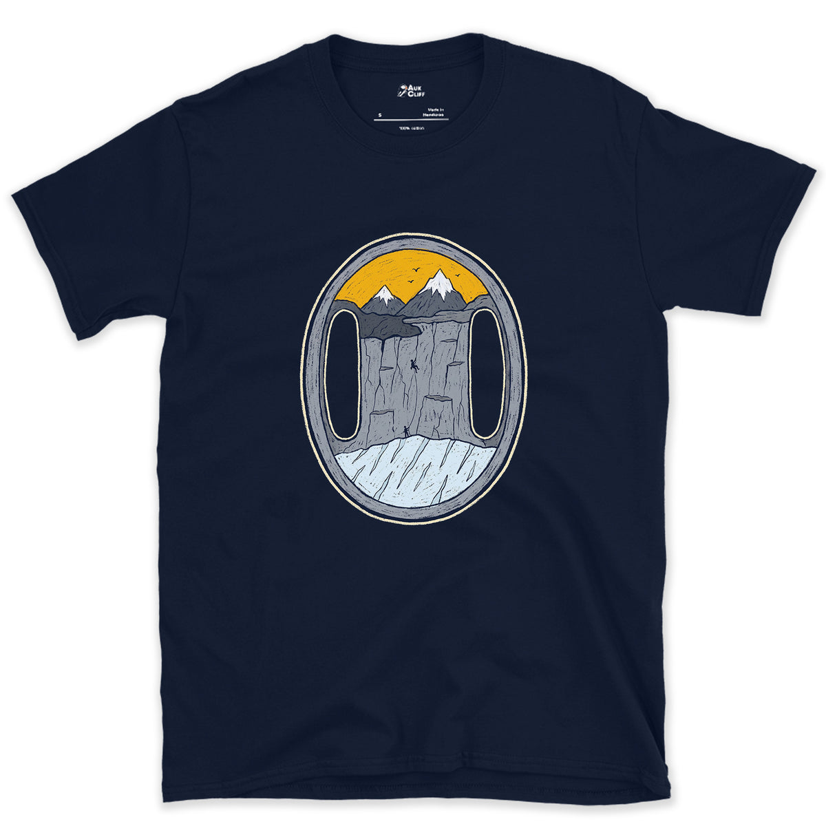 Both Slots on the Belay Plate design on a Navy Gildan Softstyle t-shirt