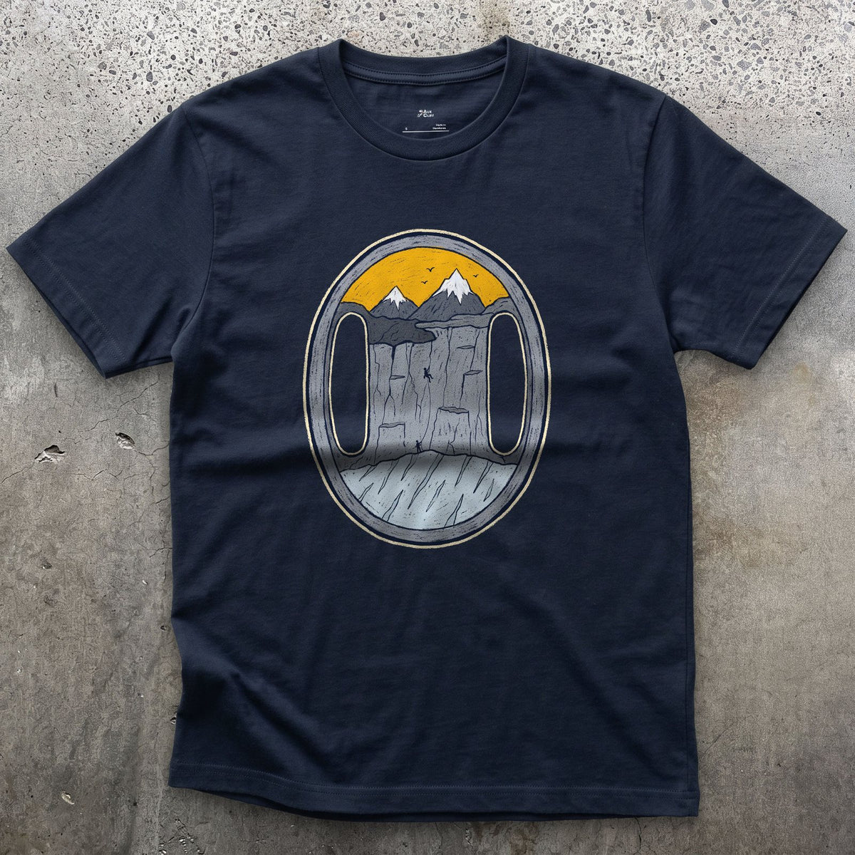 Both Slots on the Belay Plate design on a Navy Gildan Softstyle t-shirt