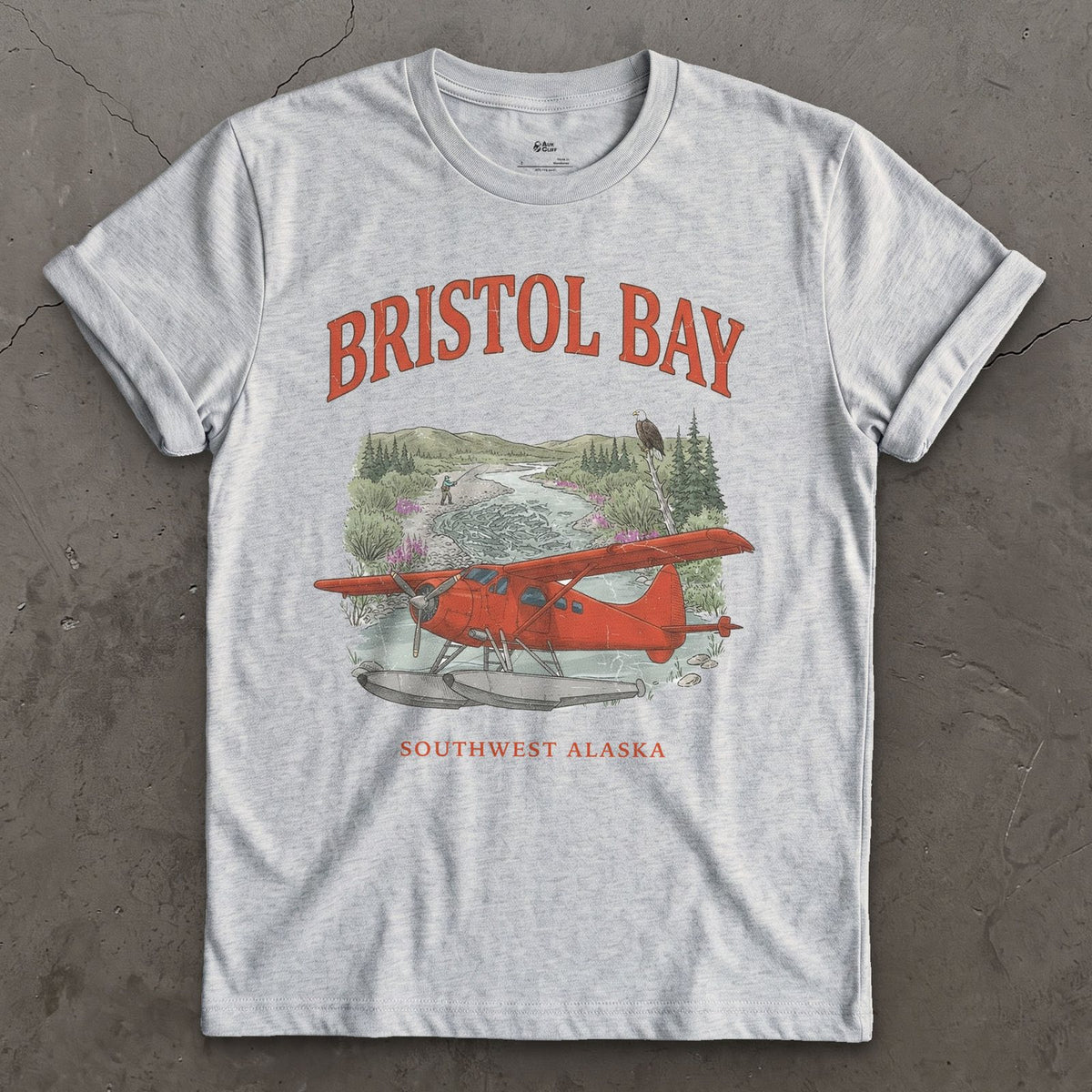 Bristol Bay Bush Plane design on a Sport Grey Gildan Softstyle t-shirt