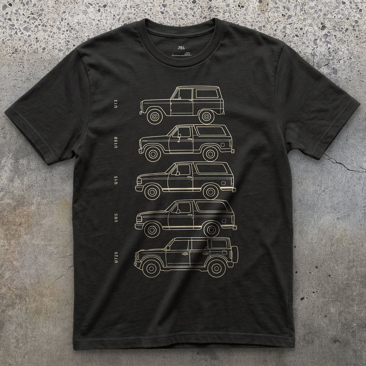 Ford Bronco, Five Chassis Codes in a Row design on a Black Gildan Softstyle t-shirt