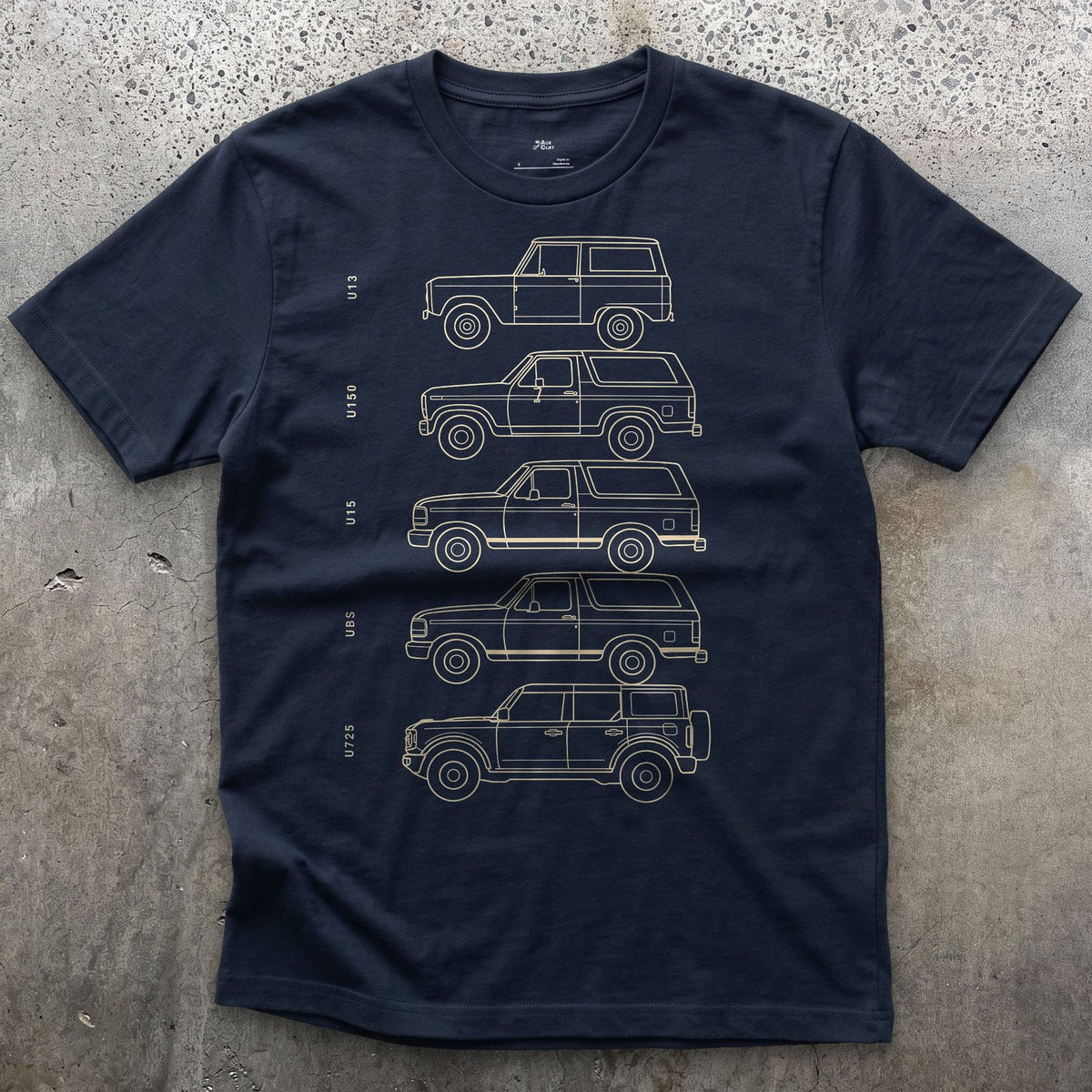 Ford Bronco, Five Chassis Codes in a Row design on a Navy Gildan Softstyle t-shirt