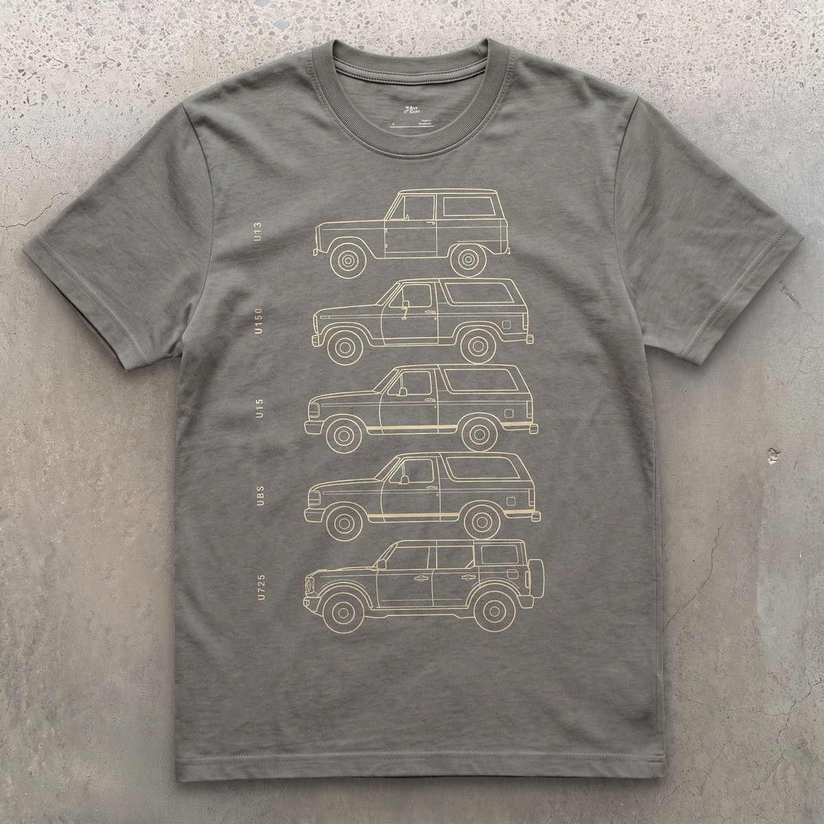 Ford Bronco, Five Chassis Codes in a Row design on a Charcoal Gildan Softstyle t-shirt