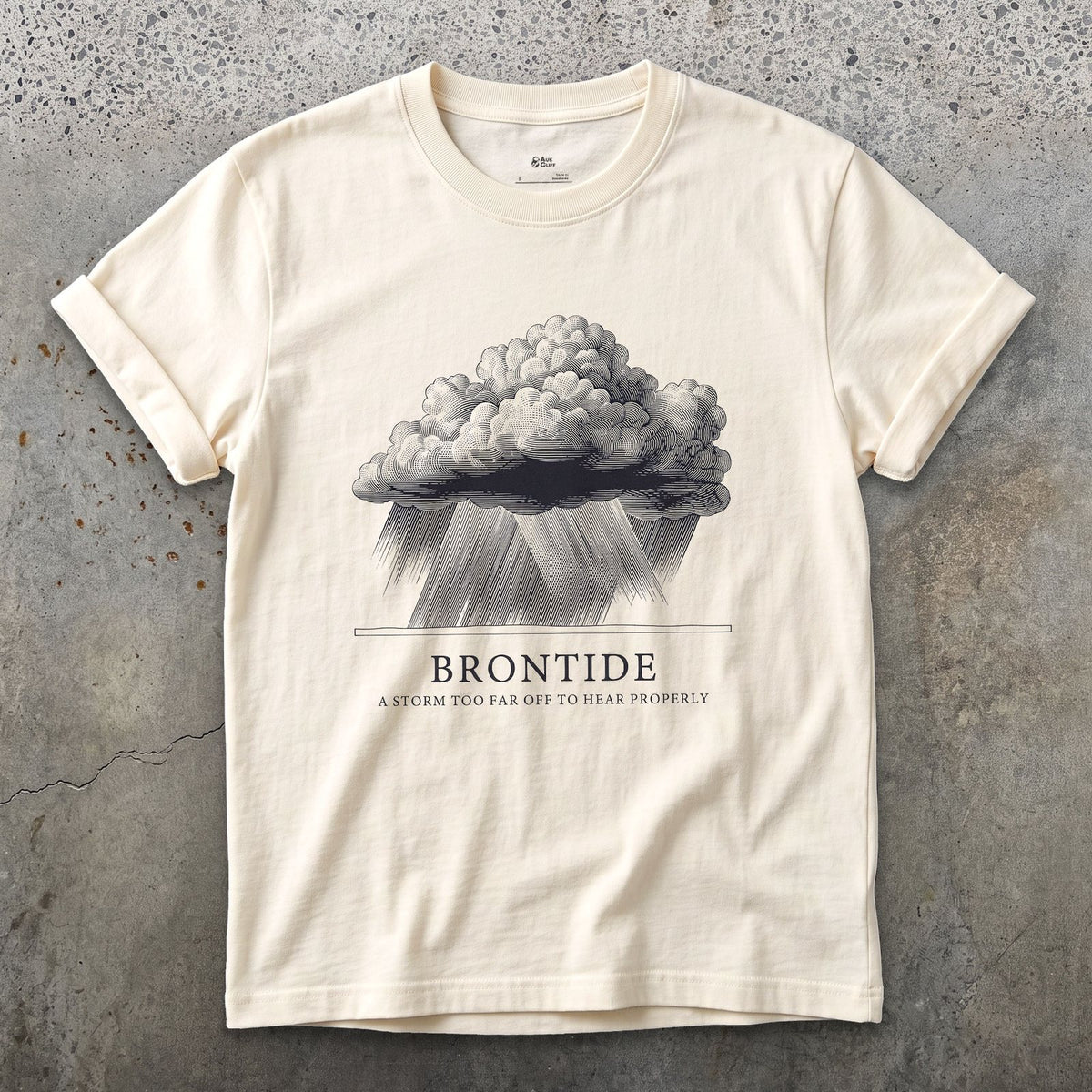 Brontide, a Storm Too Far Off to Hear Properly design on a Natural Gildan Softstyle t-shirt