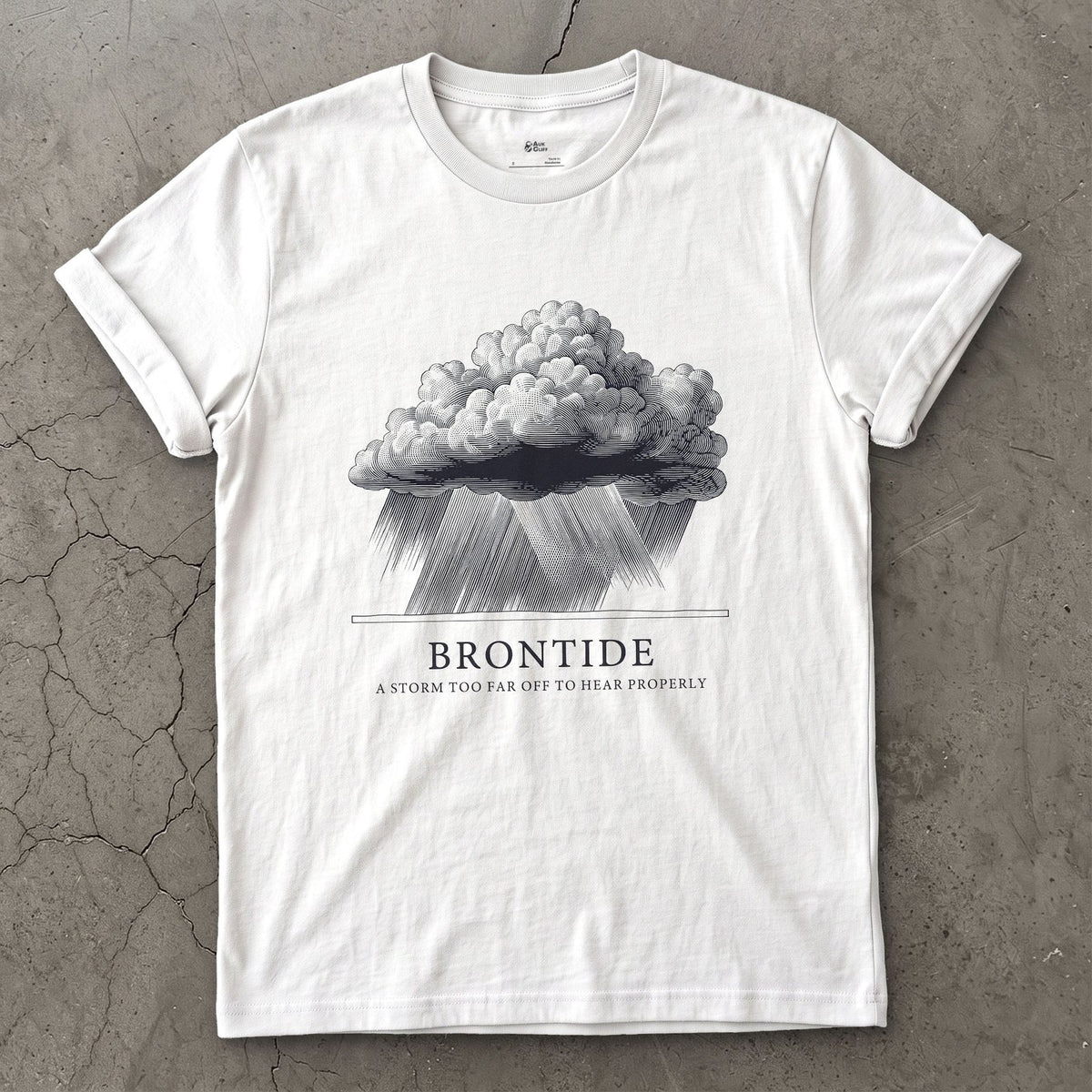 Brontide, a Storm Too Far Off to Hear Properly design on a White Gildan Softstyle t-shirt