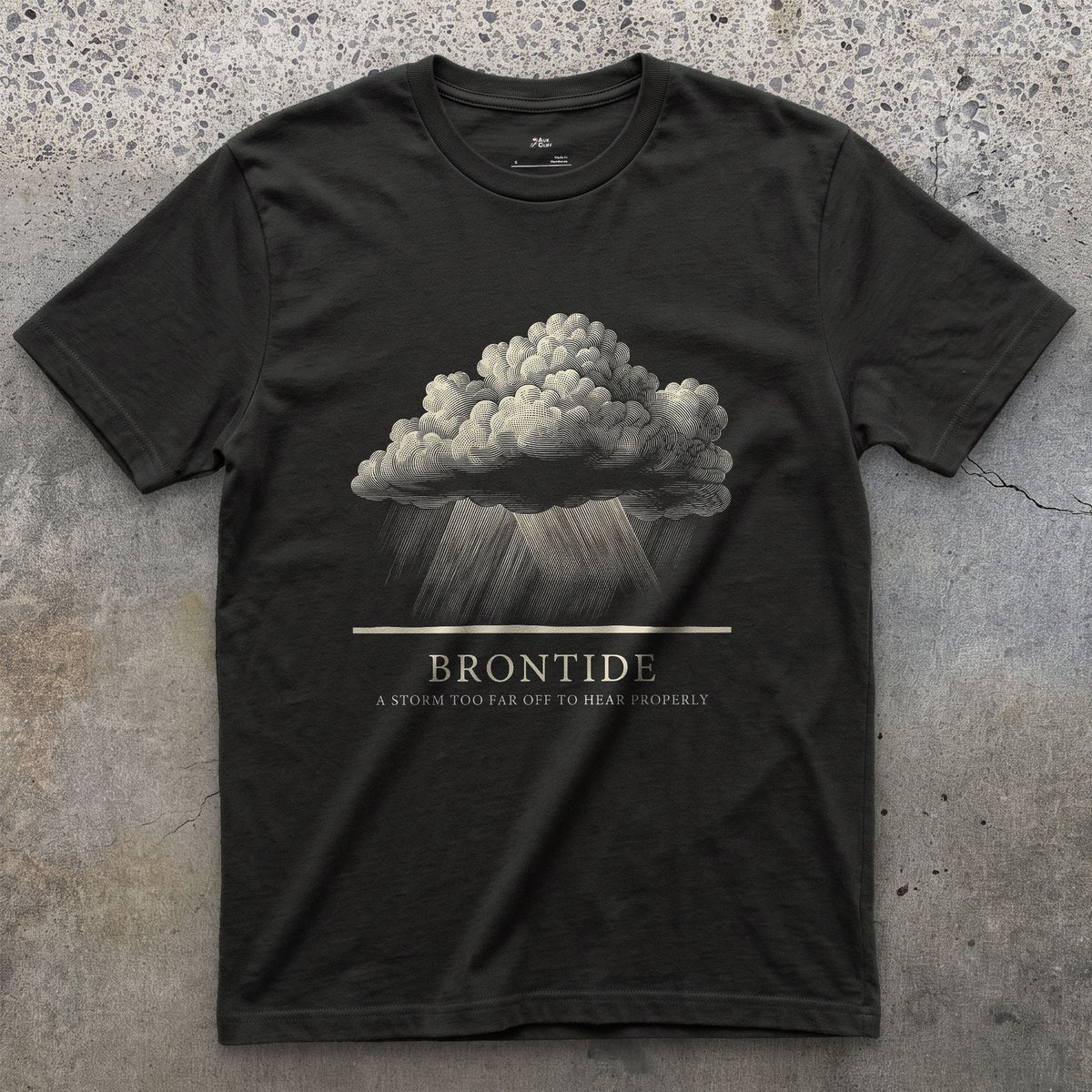 Brontide, a Storm Too Far Off to Hear Properly design on a Black Gildan Softstyle t-shirt