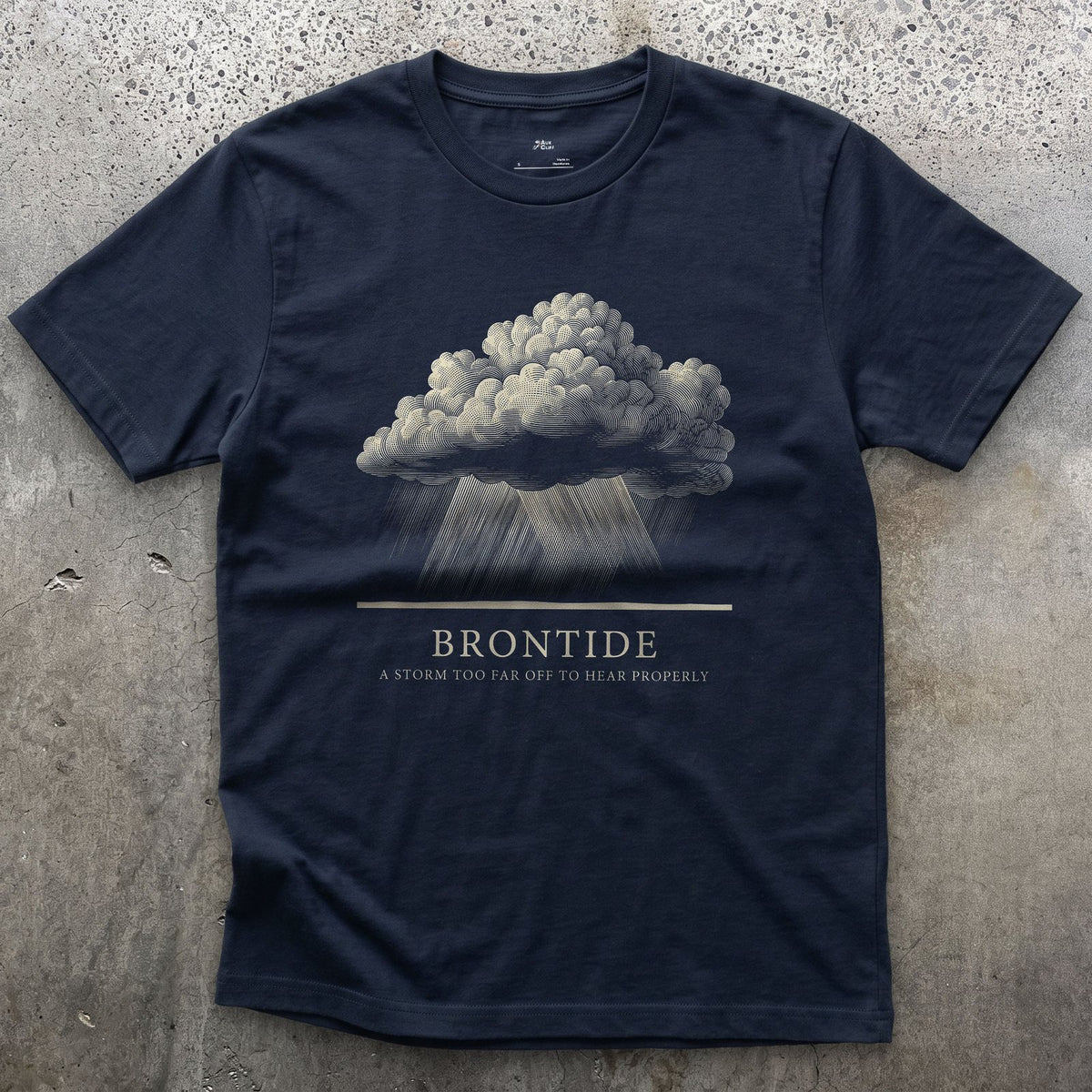 Brontide, a Storm Too Far Off to Hear Properly design on a Navy Gildan Softstyle t-shirt