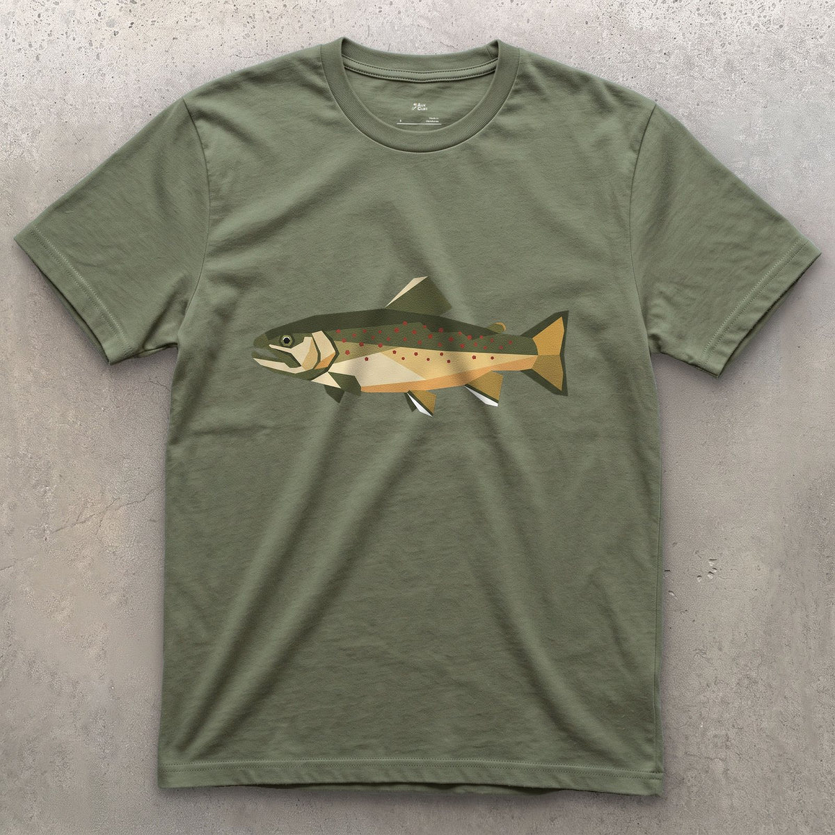 The Brook Trout Cut From Glass design on a Military Green Gildan Softstyle t-shirt