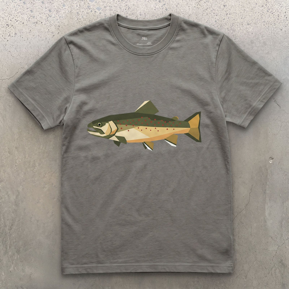 The Brook Trout Cut From Glass design on a Charcoal Gildan Softstyle t-shirt
