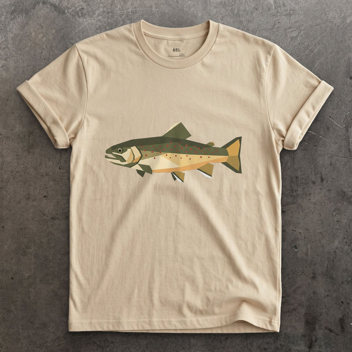The Brook Trout Cut From Glass design on a Sand Gildan Softstyle t-shirt