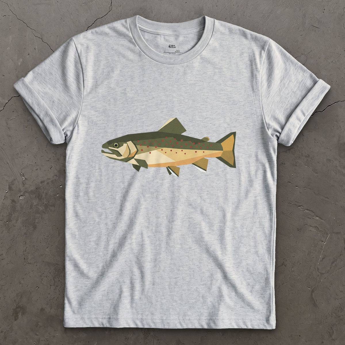 The Brook Trout Cut From Glass design on a Sport Grey Gildan Softstyle t-shirt