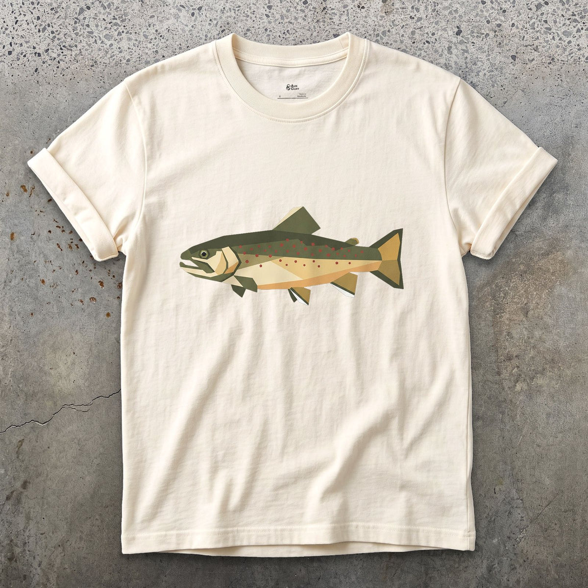 The Brook Trout Cut From Glass design on a Natural Gildan Softstyle t-shirt